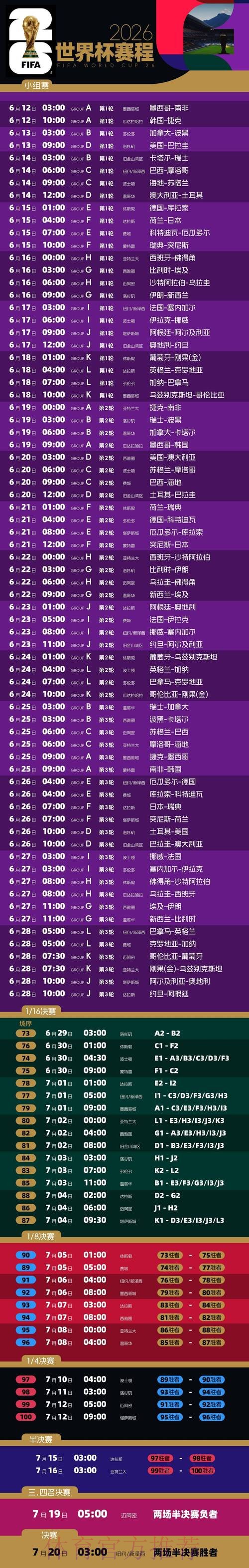 2026世界杯赛程高清版完整安排免费观看 2026世界杯赛程高清版完整安排免费观看