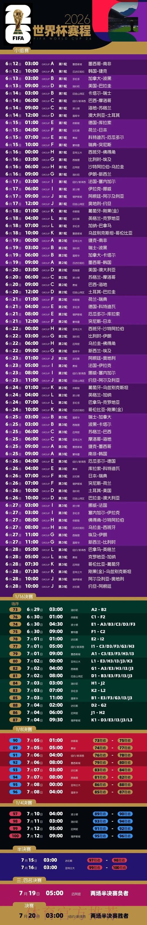 2026世界杯每日赛程最新实时赛程在哪里看